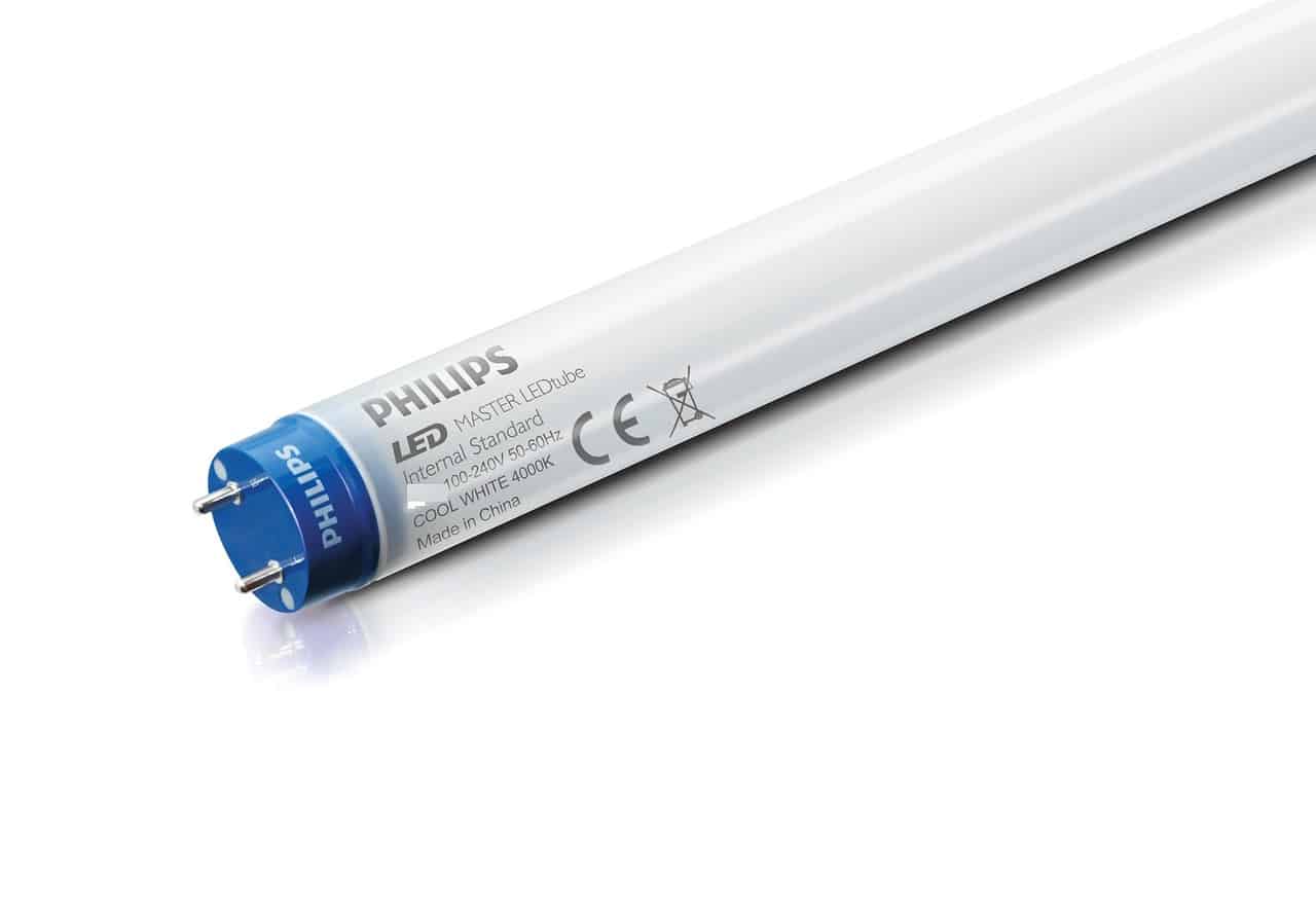 Angled white Philips LED tube light with blue end cap and text on a white background.